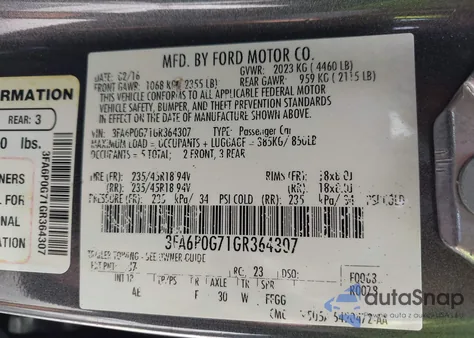 2016 Ford Fusion S z USA, uszkodzony, nr VIN 3FA6P0G71GR364307